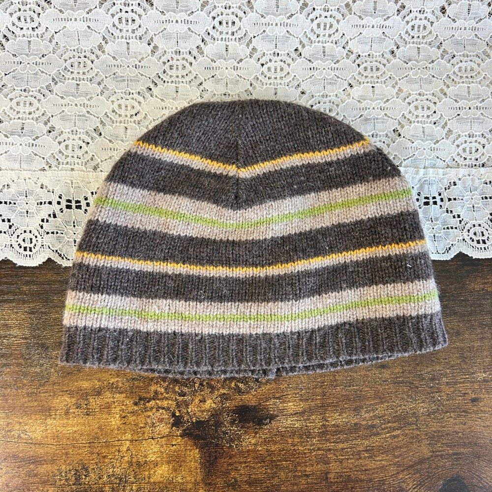 Lambswool Striped Beanie Brown Green Yellow Fleece Lined Knit Hat Winter